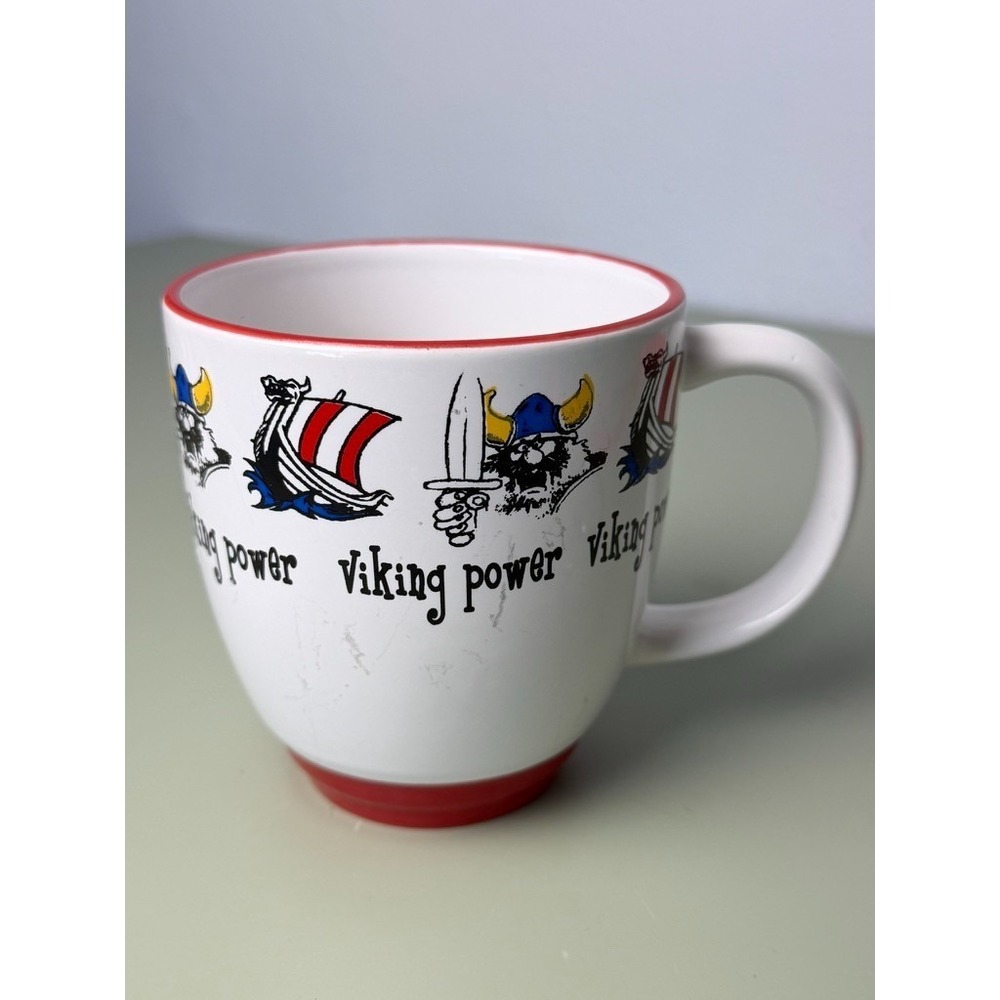 VTG White Ceramic Mug With Red Rim by Bergquist Imports Viking Power Latte Style